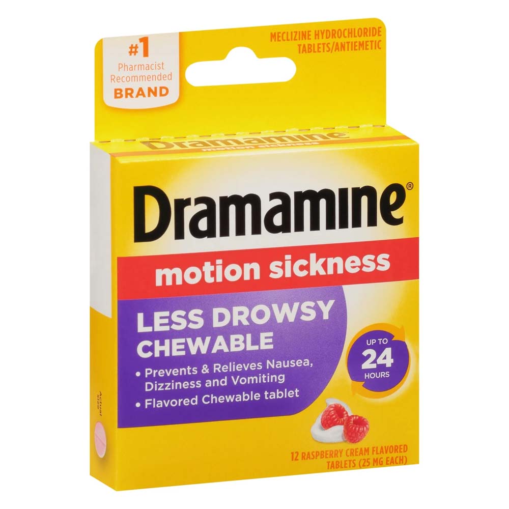 Dramamine Motion Sickness Relief Less Drowsy Chewable 25mg Raspberry Cream