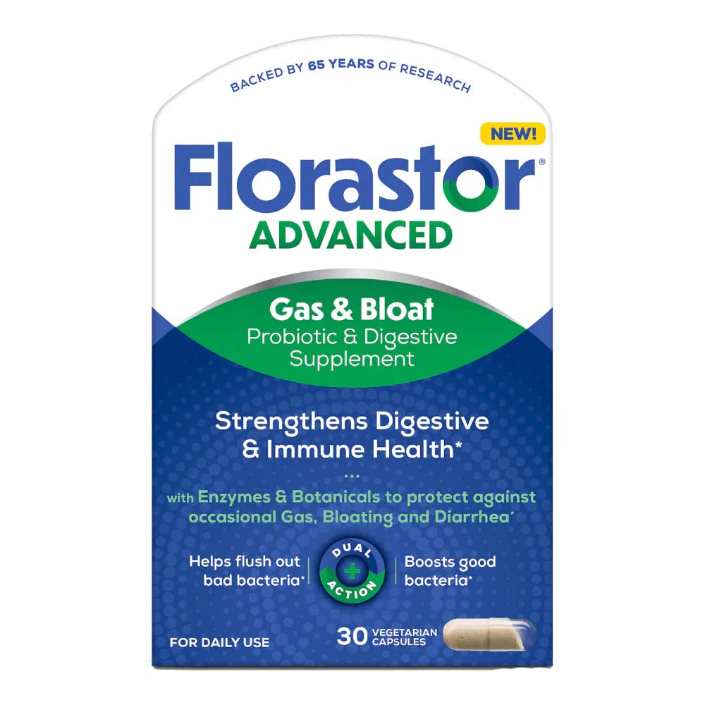 Florastor Advanced Gas and Bloat Probiotic and Digestive Supplement Capsules