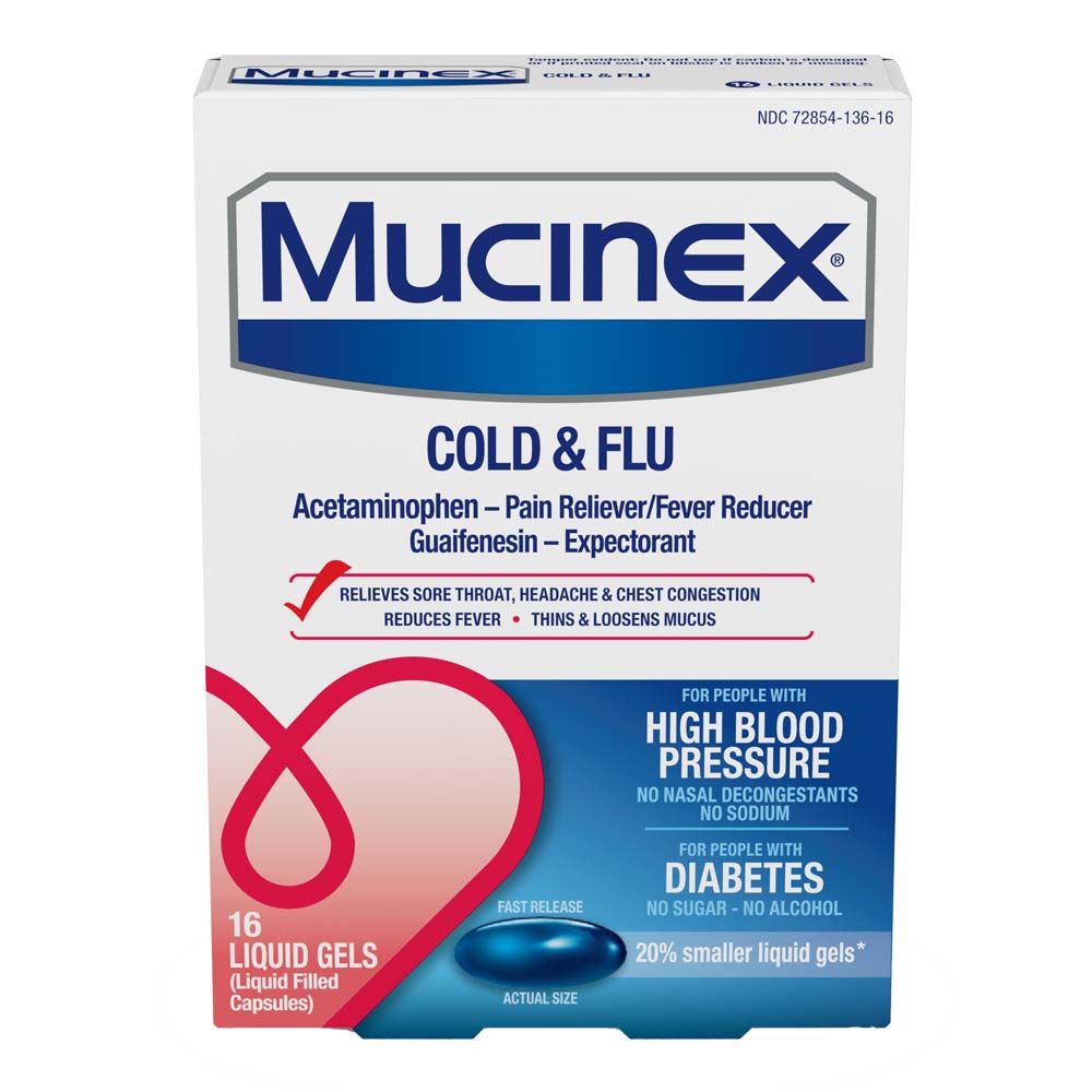 Mucinex Cold and Flu High Blood Pressure and Diabetes Liquid Gels