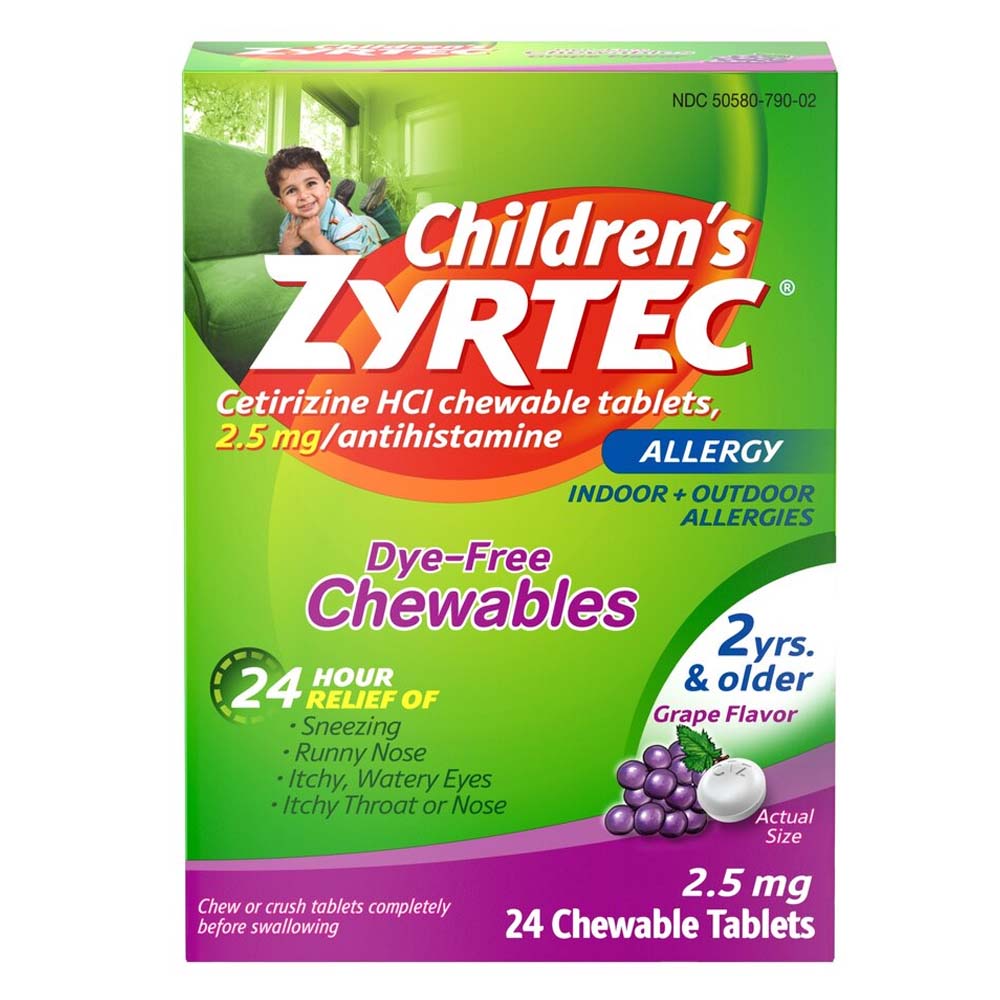 Zyrtec Children's Allergy 24 Hour Dye-Free Chewables, Ages 2+, Grape Flavor