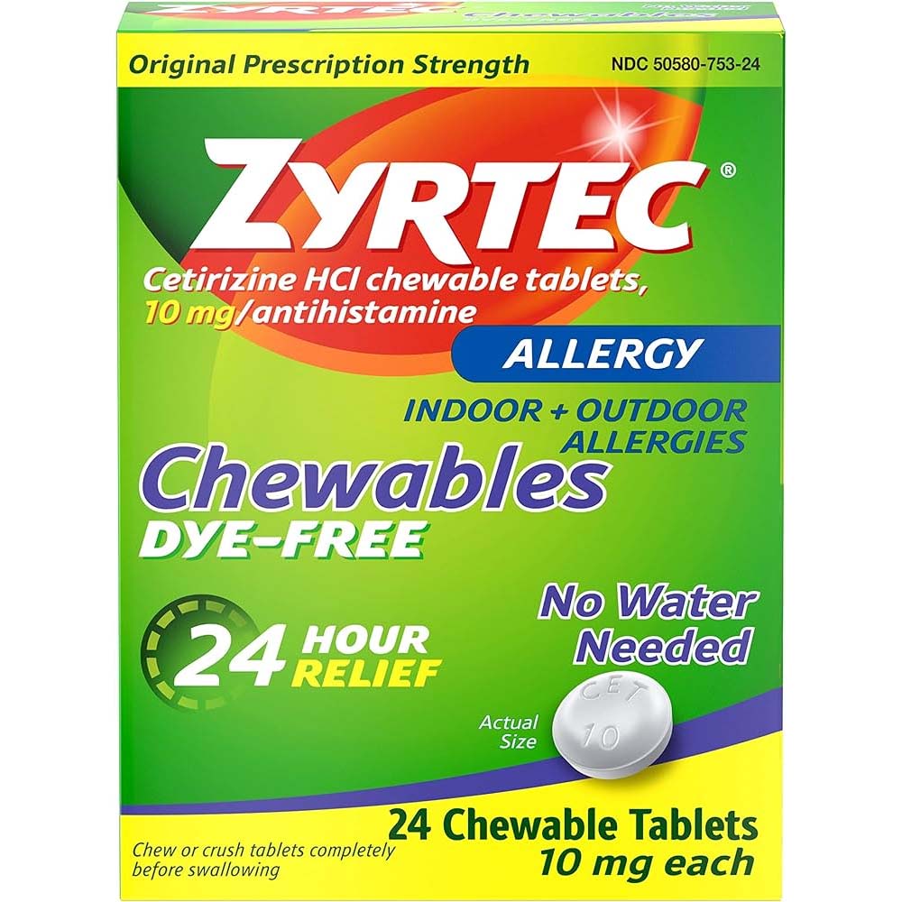 Zyrtec Dye Free 24 Hour Allergy Chewable Tablets