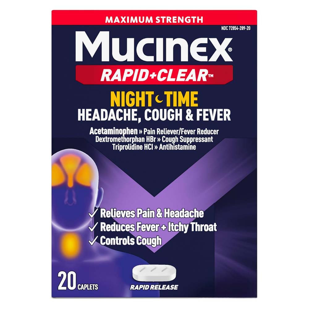 Mucinex Maximum Strength Rapid + Clear Night Time Headache, Cough & Fever Caplets