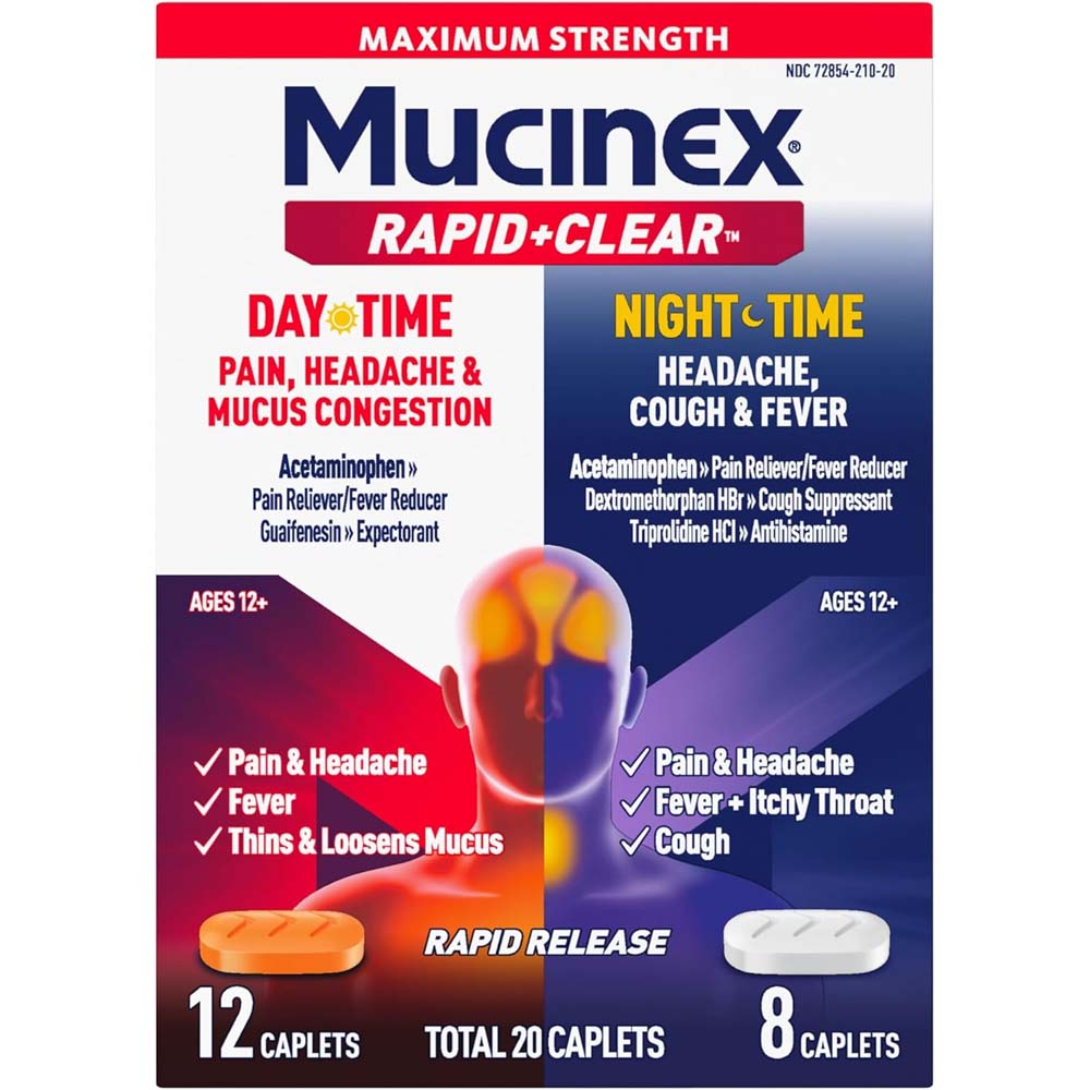 Mucinex Rapid+Clear Day and Night Pain Reliever Caplets