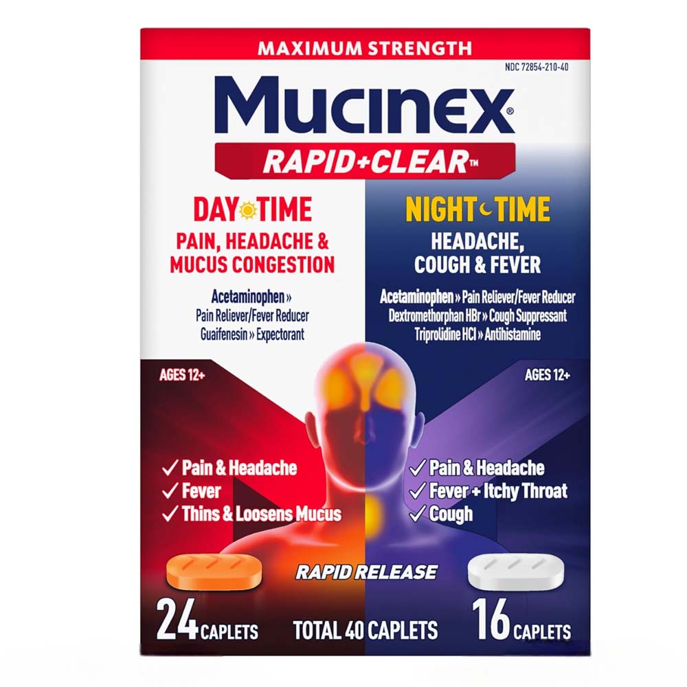 Mucinex Rapid+Clear Day and Night Pain Reliever Caplets