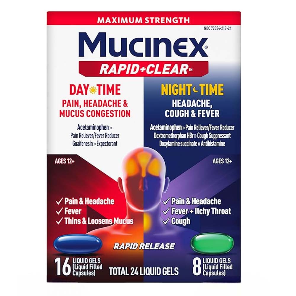 Mucinex Rapid+Clear Day and Night Pain & Headache Liquid Gels